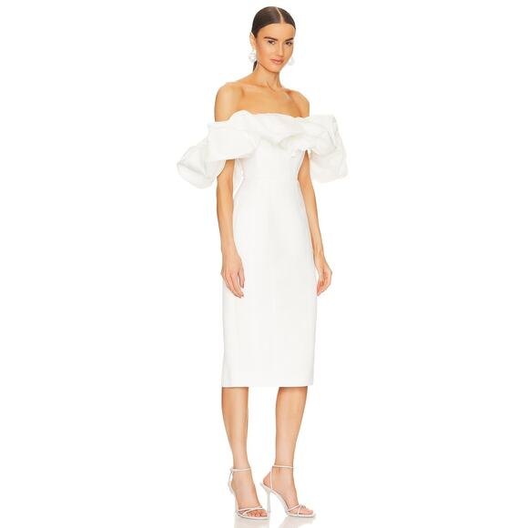 Line and Dot Samara Midi Dress Off Shoulder Puff Formal Bachelorette Bridal XS - Picture 3 of 12